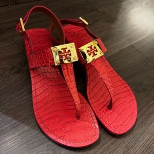 Tory Burch Bright Coral Croc Leather Thong, Sandal NWOT